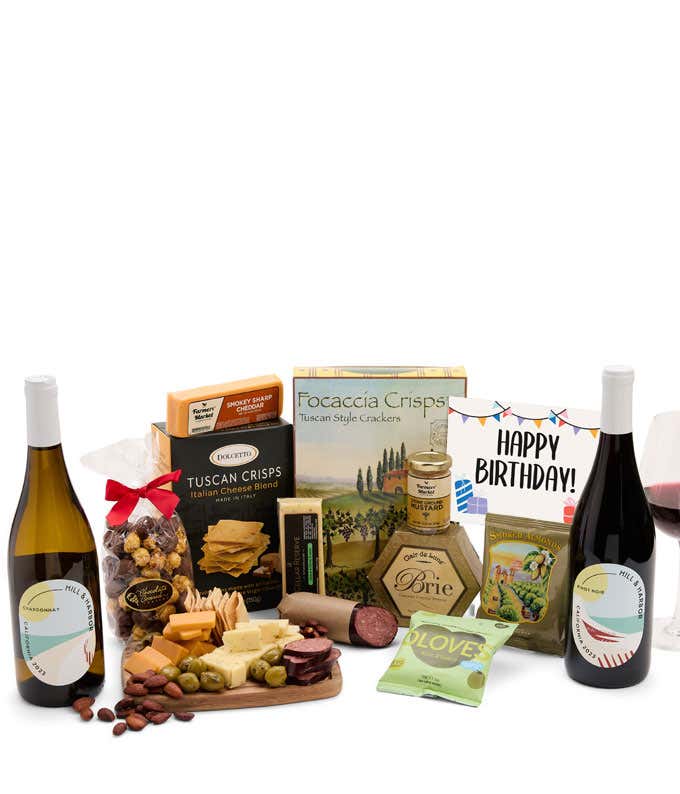An abundant gift box filled with two bottles of California wine - red & white, assorted crackers, three cheeses, summer sausage, snacks, and birthday card to make an amazing birthday spread.
