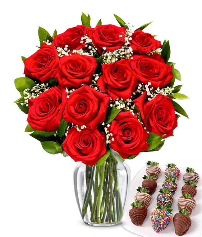 One dozen red roses with one dozen chocolate covered strawberries decorated with rainbow sprinkles. 