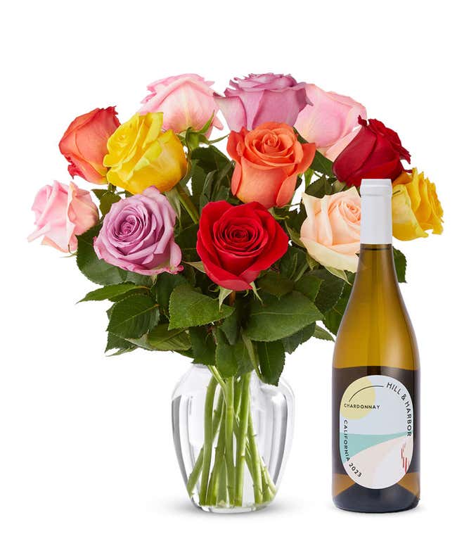 One Dozen Rainbow Roses with White Wine
