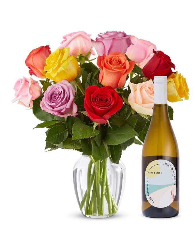 One Dozen Rainbow Roses with White Wine