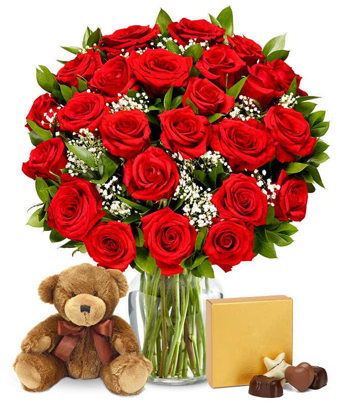 Two dozen red roses delivered with teddy bear and chocolates