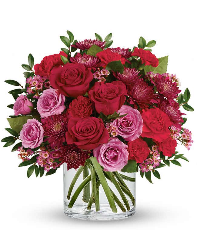 Valentine red rose, red carnation and purple chrysanthemums bouquet