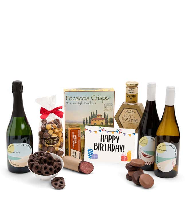 A gift set featuring a trio of California wines - red, white, and sparkling, focaccia crisps, two cheeses, mustard, summer sausage, caramel popcorn, chocolate pretzels, six chocolate-covered Oreos and a Birthday card to complete the gourmet experience.