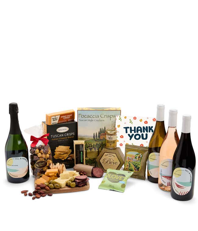 A wine and cheese gift set featuring 4 - bottles of Hill &amp; Harbor wine - sparkling, white, ros&eacute; and red. Includes a variety of gourmet cheeses, crackers, olives, summer sausage, almonds, and condiments finished with a Thank You card.
