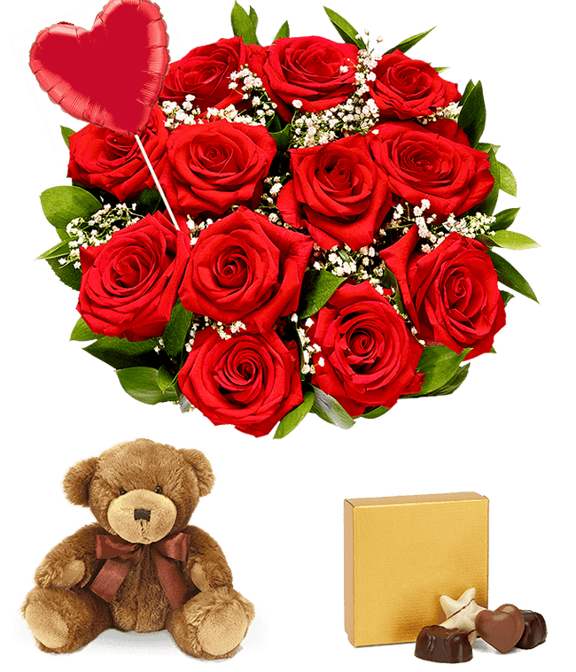 Partial image of One dozen red roses delivered with heart balloon, teddy bear and chocolates without vase.