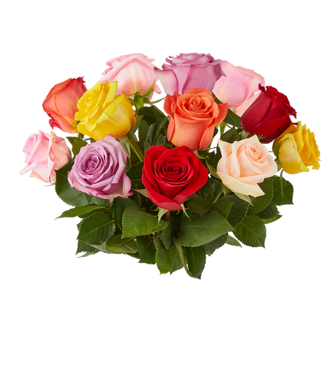 Partial image of A bouquet of multicolored roses in a clear vase, featuring red, pink, orange, yellow, peach, and lavender blooms, arranged with green leaves for a vibrant and cheerful display. without vase.