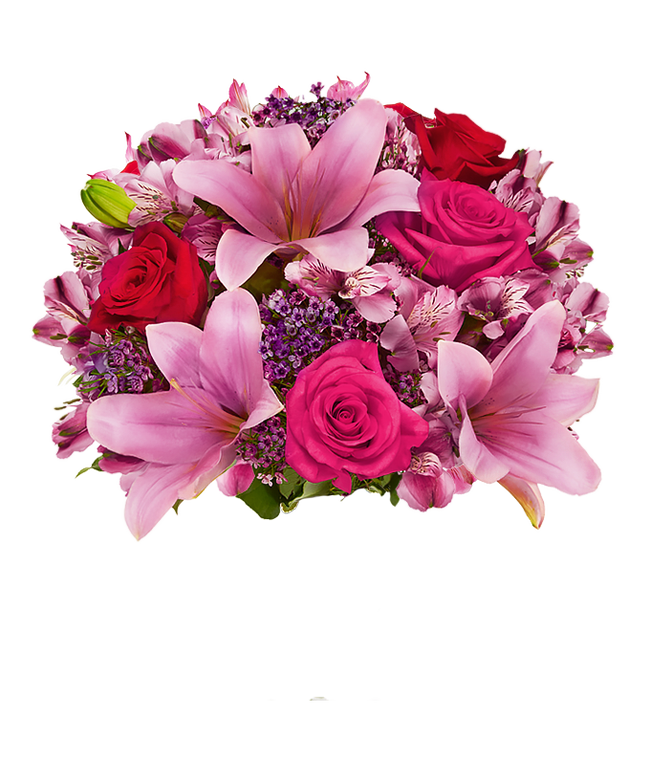Partial image of A beautiful arrangement featuring pink Asiatic lilies, pink and red roses, and alstroemeria, optionally arranged in a glass vase. This elegant mix offers a lovely and vibrant display without vase.
