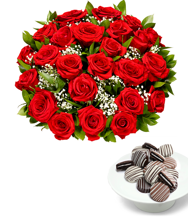 Partial image of Two Dozen Roses with Chocolate Drizzled Oreos without vase.
