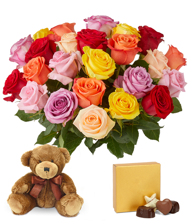 Partial image of Two Dozen Mixed Valentine's Day Roses with Chocolates and a Bear without vase.