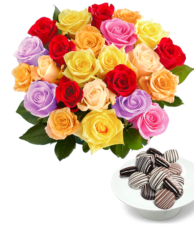 Partial image of Two Dozen Rainbow Roses bouquet with a dozen Drizzle Chocolate Covered Oreos, optional glass vase, and personalized card message. without vase.