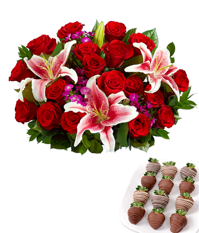 Partial image of Romantic bouquet of red roses, stargazer lilies, and purple filler flowers in a clear glass vase, paired with chocolate-covered strawberries drizzled in milk and white chocolate. without vase.